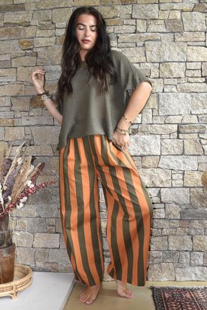 Bloc Striped Wide Barrel Pant Olive & Pumpkin